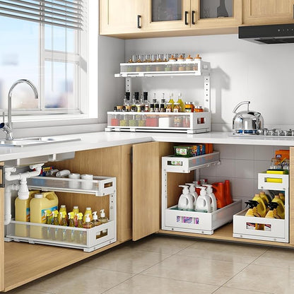 1 Pack 19IN Depth Under Sink Storage Organizer, Large 2-Tier Elegant Mesh Pull Out Shelf for Kitchen and Bathroom Cabinet Organization, L-Shaped and Adjustable Height Design-White