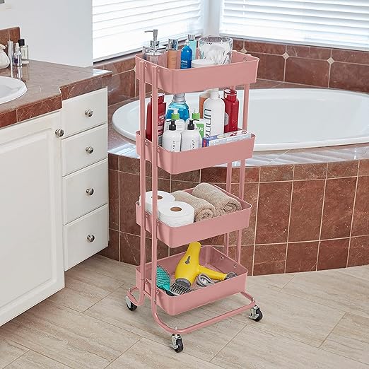 ECR4Kids 4-Tier Metal Rolling Utility Cart, Multipurpose Storage, Pink