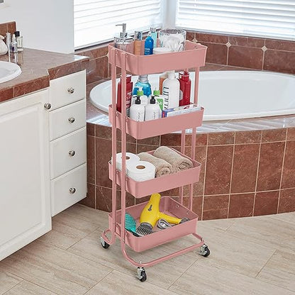 ECR4Kids 4-Tier Metal Rolling Utility Cart, Multipurpose Storage, Pink