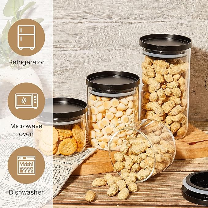 Rtteri 6 Pcs Glass Jars with Black Lids 15oz 27oz 41oz Canisters with Black Airtight Lids Stackable Glass Food Storage Containers Pantry Storage Jars PP Material Airtight