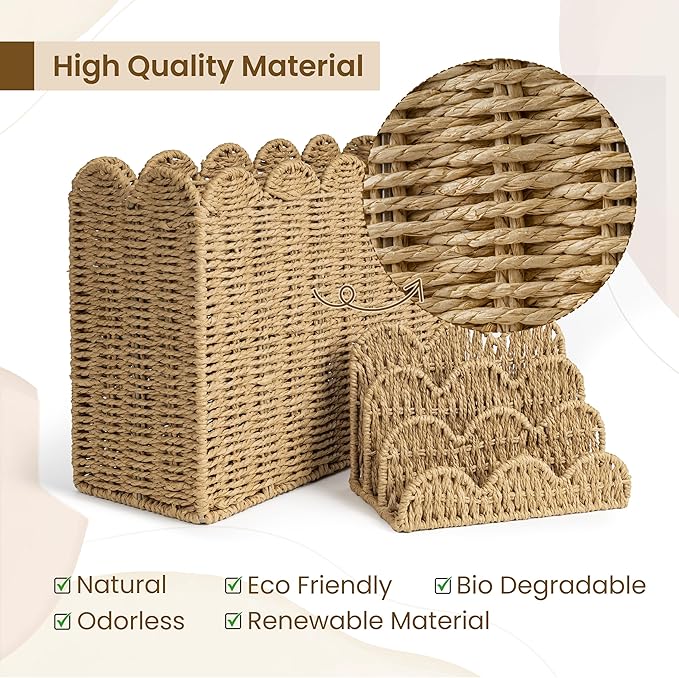 AELS Hand Woven Scalloped Basket Set of Mail Organizer and Magazine Holder, Coastal Style Mail Holder and Floor Magazine Rack, Boho Modern Farmhouse Book Basket Newspaper Bill Mail Sorter for Office