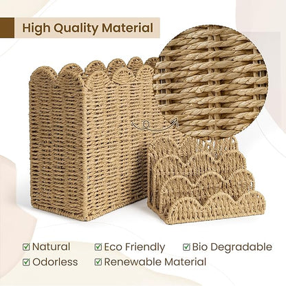 AELS Hand Woven Scalloped Basket Set of Mail Organizer and Magazine Holder, Coastal Style Mail Holder and Floor Magazine Rack, Boho Modern Farmhouse Book Basket Newspaper Bill Mail Sorter for Office