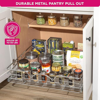 HOLDN’ STORAGE Heavy-Duty Premium Collection Pull Out Cabinet Organizer, Cabinet Drawer Slide Outs, Lifetime Limited Warranty - Basket Size 24" W x 21" D x 5" H, Anti-Rust Chrome Finish