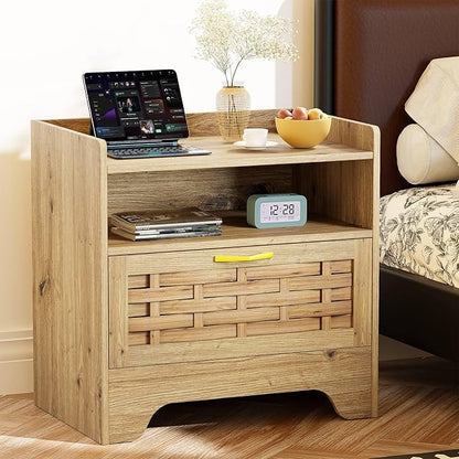 HOCAT 24" Rattan Nightstand with Storage Drawer, Oak Bedside Table with Semi Open Cubby, Boho Night Stand with Farmhouse Arched Base for Bedroom, Side Table, End Table for Dorm