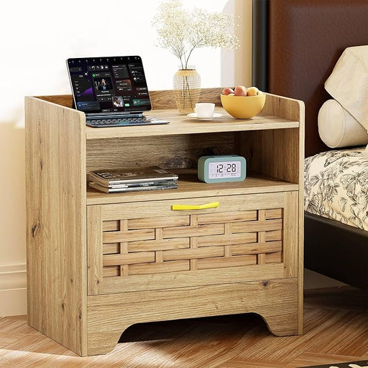 HOCAT 24" Rattan Nightstand with Storage Drawer, Oak Bedside Table with Semi Open Cubby, Boho Night Stand with Farmhouse Arched Base for Bedroom, Side Table, End Table for Dorm