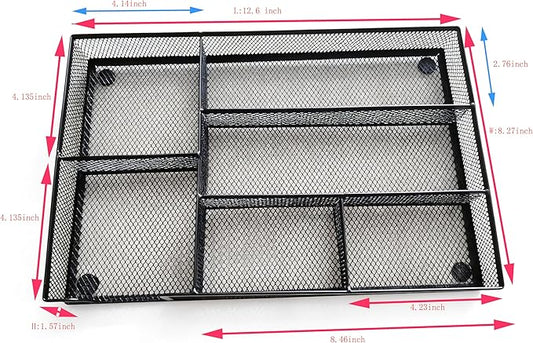Desk Drawer Organizer tray, Mesh Drawer Organizer Tray for Office, School or Home Supplies Desktop Storage Stationery,bathroom,kitchen, 6 Compartments, 12.6 x 8.27 x 1.57 inch, Black