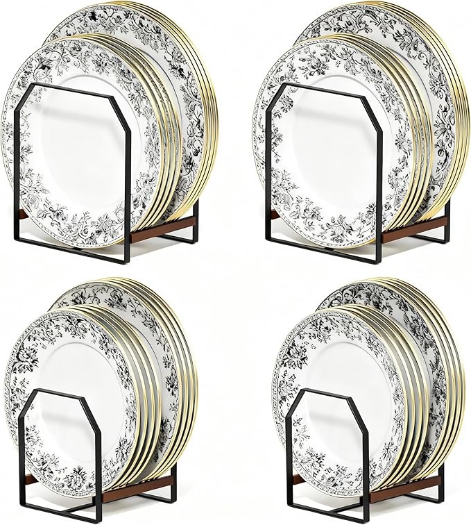 TIPSYTREE 4 Pack Plate Organizer for Cabinet, Arched Metal Dish Holder Rack, Plate Rack Organizer for Cupboard, Space Saver Dish Storage Rack, Holds 6–12 Inch Plates, 2 Large 2 Small, Black