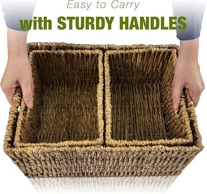 Wicker Basket Set – Stackable Storage Bins for Organizing Pantry & Kitchen – 1 Large Basket + 2 Small Baskets with Handle – Wicker Storage Baskets for Shelves & More