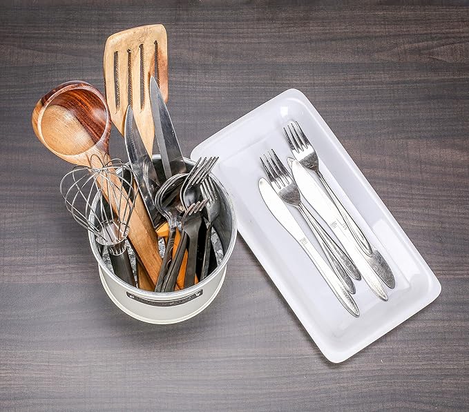 Alpha Living Home Utensil Caddy – Galvanized Metal Flatware & Silverware Organizer with Paper Plate Holder, Portable Picnic & Party Caddy for Indoor & Outdoor Use, Off-White