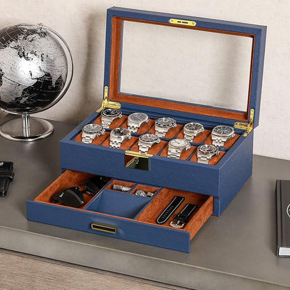 ROTHWELL 10-Slot Watch Box in Leather with Valet Drawer, Luxury Watch Case Display Organizer with Ultra Soft Microsuede Liner, Jewelry and Sunglass Holder With Large Glass top (Blue/Tan)