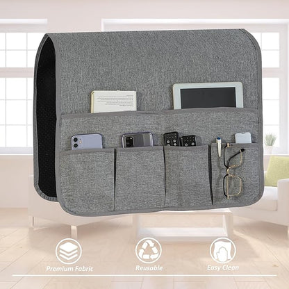 luckyjoyreal Faux Linen Armchair Caddy for Couch Remote Control Holder Non-slip Sofa Armset Organizer Caddy Storage for Recliner Couch 6 Pocket for Magazine 35"x19.5" Grey Linen 1 Piece