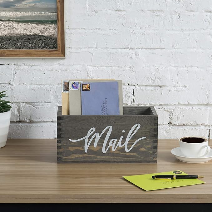 MyGift Mail Holder Storage Organizer Box Solid Wood with MAIL Script Design, Desktop Letters, Bills, Notes and Postcard Bin for Home Office Dorm Room (Vintage Gray)