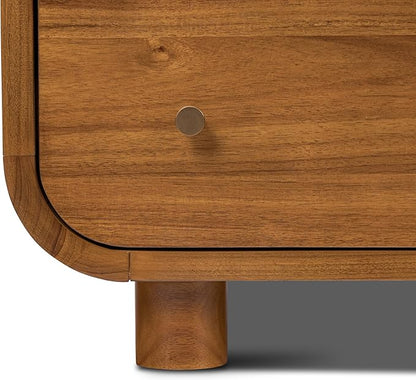 Poly & BARK Oslo 22” Nightstand – Mid-Century Modern Bedside Table with Soft-Close Drawers, Solid and Veneered Acacia Wood Construction, Brass Handles, Light Brown Finish
