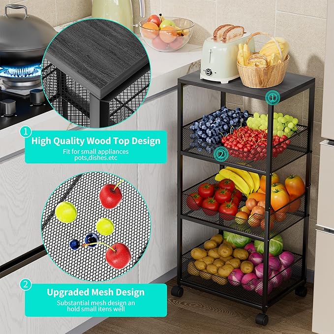HapiRm Fruit Basket Kitchen Cart - 4-Tier Rolling Storage Cart with Wheels, Fruit Vegetable Basket with Wood Top, Pantry Utility Kitchen Organizer for Fruit Potato Onion Vegetable Bread Snack