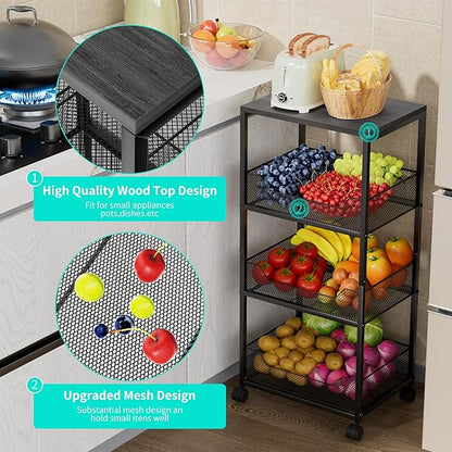 HapiRm Fruit Basket Kitchen Cart - 4-Tier Rolling Storage Cart with Wheels, Fruit Vegetable Basket with Wood Top, Pantry Utility Kitchen Organizer for Fruit Potato Onion Vegetable Bread Snack