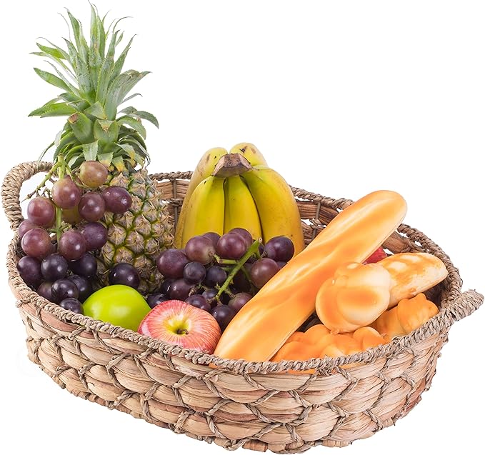 Seagrass Wicker Decorative Basket Tray with Handles, Rectangular Storage Basket for Bread, Fruit, Remote, Bathroom, Canastas de Mimbre (Medium)