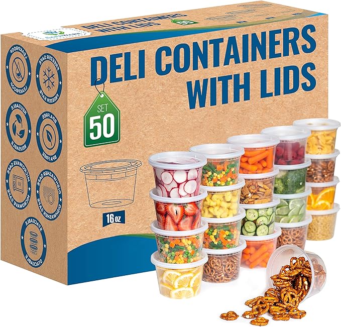 Deli Plastic Food Containers with Airtight Lids [50 Sets], Leakproof Slime Small Combo Pack [Reusable, Storage, Disposable, Meal Prep, Soup, Microwaveable & Freezer Safe] (16oz)