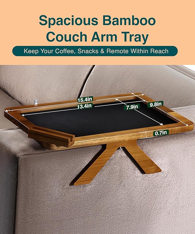 Acacia Couch Arm Tray Table – Fits Most of The Sofa Arms, 3 in 1 Adjustable Couch Arm Table with 360° Rotating Phone Holder, Wire Holder & Non-Slip Mat – Perfect Sofa Tray for Snacks & Coffee
