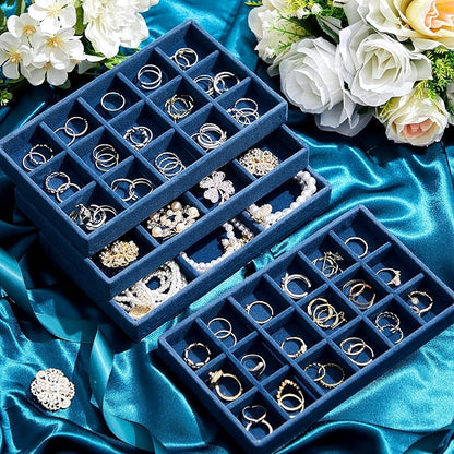 Junkin 12 Pcs Jewelry Tray Velvet Stackable Jewelry Organizer Trays Divided Earring Accessories Storage Containers Box (Rose Red)