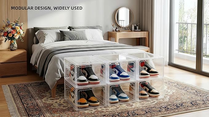 JECCICHY 12 Pack Clear Shoe Storage Boxes Stackable, Plastic Shoe Boxes with Lids, Sneaker Storage, Transparent, Thick Hard, Drop Front Door, Within US Size 13