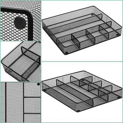 Annova Desk Top Organizer Tray for Office Organization - Metal Mesh - Storage Tray with Dividers for Pens, Desktop Accessories, Bathroom, Kitchen, Makeup and Office Supplies (Large, Black)