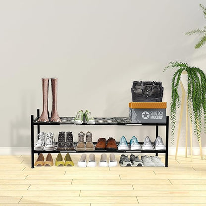 Shoe Rack, Expandable Shoes Organizer Metal Shelf Stand, 2 Tier Stackable Long Shoe Storage Holder For Closet, Floor, Entryway, Garage, Bedroom, Door Entrance For 12-18 Pairs, 45.6 inches Black