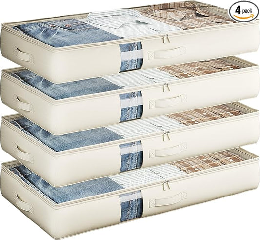 Soft-Sided Foldable Under bed Storage Bags with Window,No Rigid Frame Closet Organizers,Storage Containers for Blankets, Clothing, Comforter, Collapsible Fabric Design,4 Pack, White Ivory