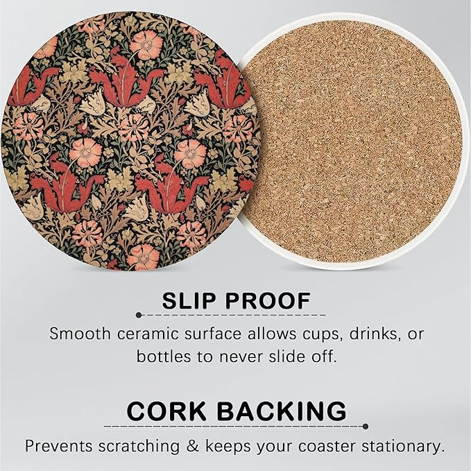 Coasters for Drinks Absorbent with Holder,William Morris Floral Sets of 6 Durable Cup Coaster for Coffee Table Protection,Great Housewarming Birthday Gifts,Home Decor