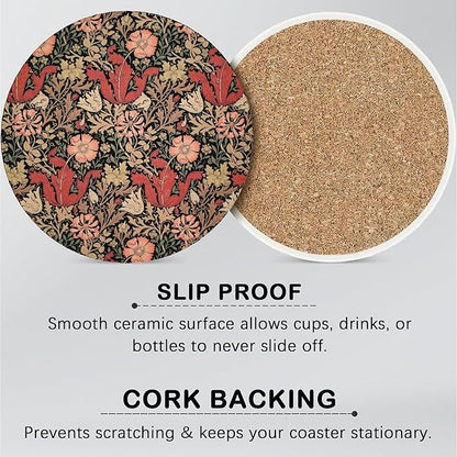 Coasters for Drinks Absorbent with Holder,William Morris Floral Sets of 6 Durable Cup Coaster for Coffee Table Protection,Great Housewarming Birthday Gifts,Home Decor