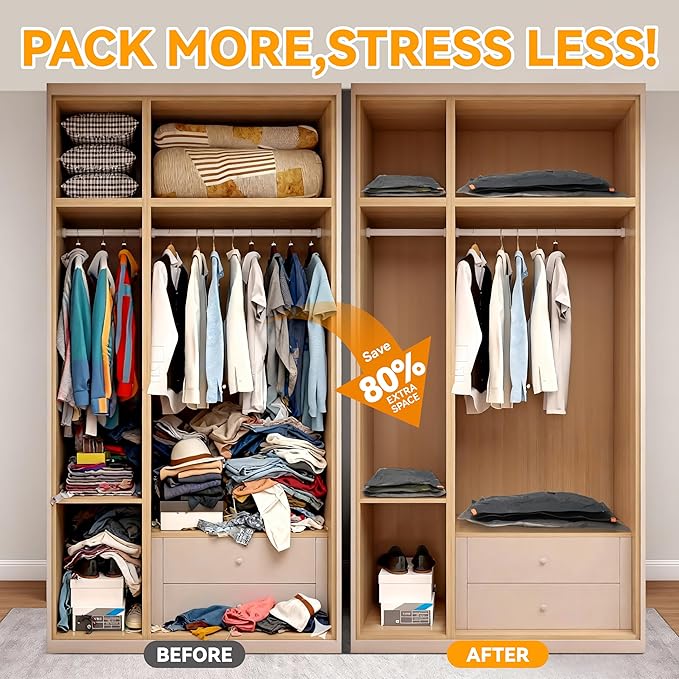 VACKFOX Travel Vacuum Bags with Wireless Pump, 9 Pack Vacuum Storage Bags with Powerful -58KPa Suction, for Maximum Compression in Luggage, Suitcase, Travel and Home Use for Clothes and Blankets