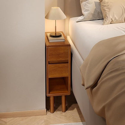 Narrow Nightstand 2 Drawers with Open Shelf Narrow Night Stand Solid Wood Bedside Table Mid Century Modern Nightstand Wooden End Table for Bedroom, Living Room, Study, Office