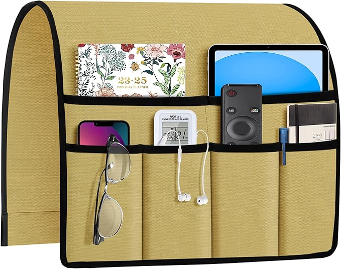 Joywell Remote Holder for Recliner Armchair Caddy Couch Armrest Non Slip Sofa Arm Chair Caddie with 6 Pocket for Magazine, Tablet, Phone, iPad, Think Linen, Yellow
