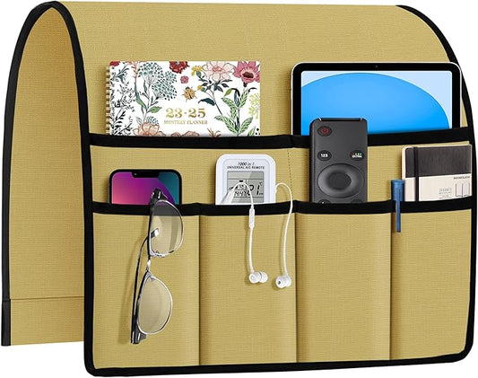 Joywell Remote Holder for Recliner Armchair Caddy Couch Armrest Non Slip Sofa Arm Chair Caddie with 6 Pocket for Magazine, Tablet, Phone, iPad, Think Linen, Yellow