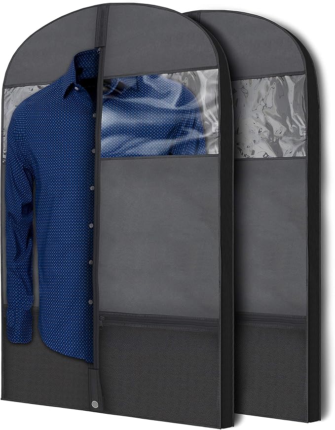 Plixio 43" Black Garment Bags for Travel or Hanging Clothes Storage - Suit Bags Carriers Covers for Men & Women - Dresses, Shirts, Fur Coats, Jackets - Zippered Breathable Gusset Clothing Storage Bags