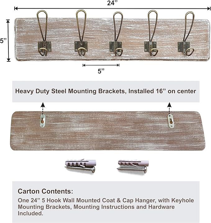 Wooden Coat Rack Wall Mounted with 5 Hanger Hook, for Porch, Kitchen, Bedroom, Hallway, Antique Farmhouse Rustic Character, Mahogany Wood, (Aged Whitewash Bronze Hook)