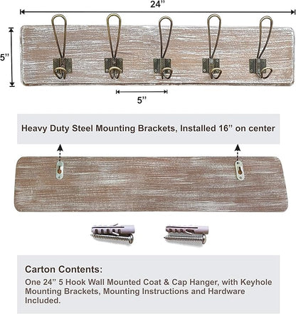 Wooden Coat Rack Wall Mounted with 5 Hanger Hook, for Porch, Kitchen, Bedroom, Hallway, Antique Farmhouse Rustic Character, Mahogany Wood, (Aged Whitewash Bronze Hook)