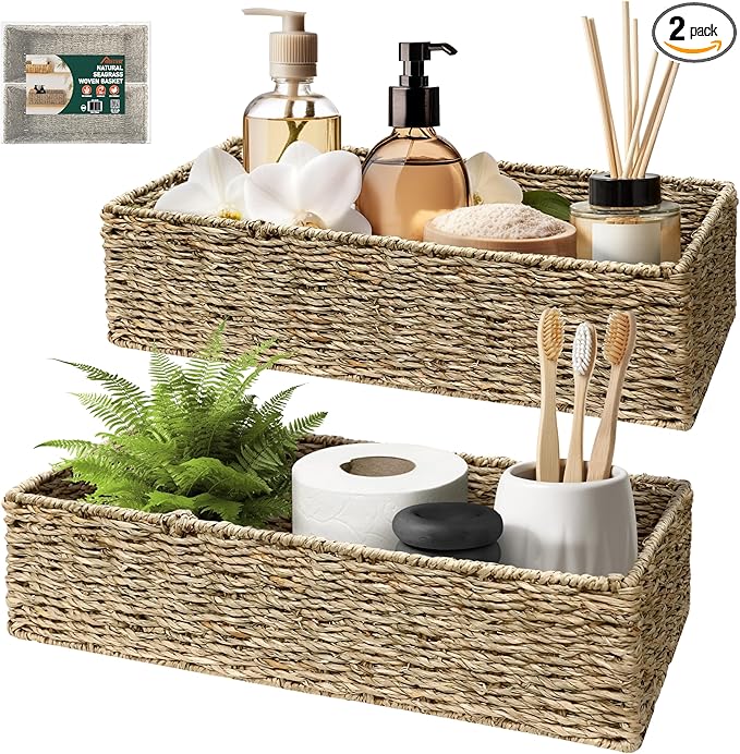 HOMESTEAD 2-Pack Rectangular Seagrass Storage Baskets with Built-In Handles, Handwoven Wicker Baskets for Pantry, Shelf, Closet & Bathroom Organization, 16 × 6.75 × 4.25 in