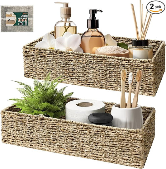 HOMESTEAD 2-Pack Rectangular Seagrass Storage Baskets with Built-In Handles, Handwoven Wicker Baskets for Pantry, Shelf, Closet & Bathroom Organization, 16 × 6.75 × 4.25 in