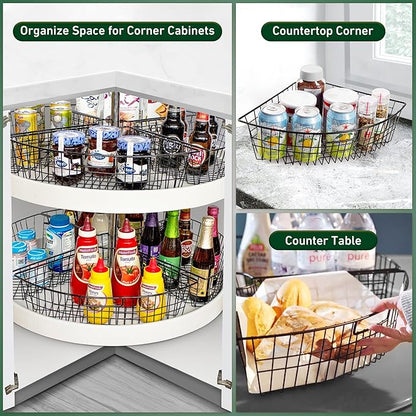 Leeden Lazy Susan Organizer Basket for 24" Diameter Turntable -Metal Organizing Storage Bins (2 Packs) - Black Kitchen Cabinet Storage Organizer - 1/4 Wedge Can Organizer
