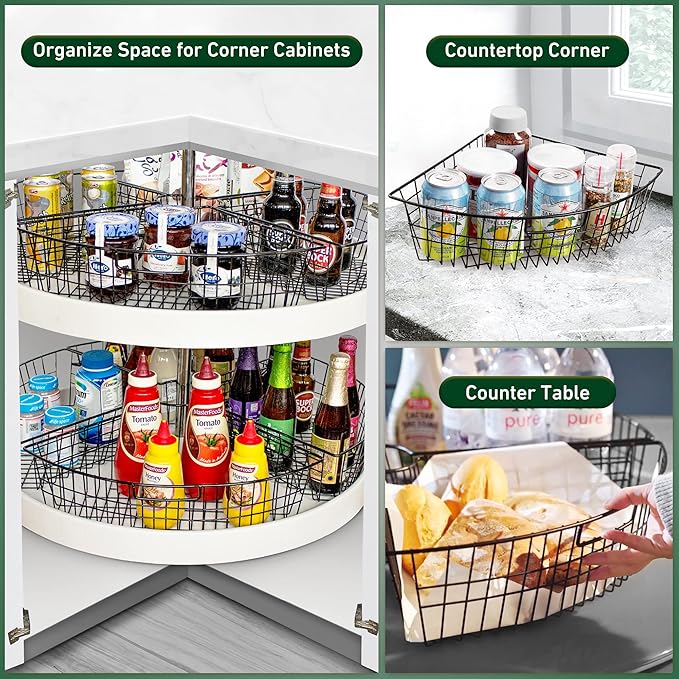 Leeden Lazy Susan Wire Storage Organizer Basket with Handle-Metal Cabinet Storage Bins -Kitchen Cabinet Organizer-1/4 Wedge Can Organizer Black (for 24" Lazy Susan, 4 Pack)