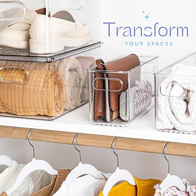 primebox Plastic Food Storage Clear Container Bin with Handles for Organizing Kitchen, Pantry, Refrigerator, Freezer, Pantry, Cabinet, Closet, Bathroom. 10”x4”x5”