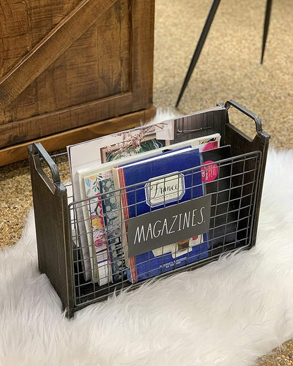 Rae Dunn Magazine Holder - Space Saving Organizer Rack for Books, Files, Folders - Standing Decorative Chic Metal and Wood Storage Container for Home and Office