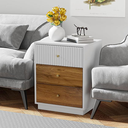 23.6" Tall Night Stand with 3 Storage Drawers, Fluted Nightstand with Metal Handles, Modern End Table Bedside Table Chest for Bedroom, White and Natural