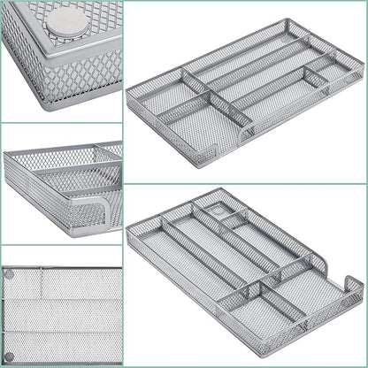 Annova Desk Drawer Organizer Tray for Office Organization - Metal Mesh - Storage Tray with Dividers for Pens, Desktop Accessories, Bathroom, Kitchen, Makeup and Office Supplies (Small, Silver)