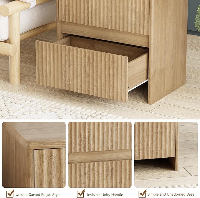 HOCAT Fluted Nightstand, 23" Wood Bedside Table with 2 Storage Drawers, Oak Modern Night Stand for Bedroom, Office, Oak