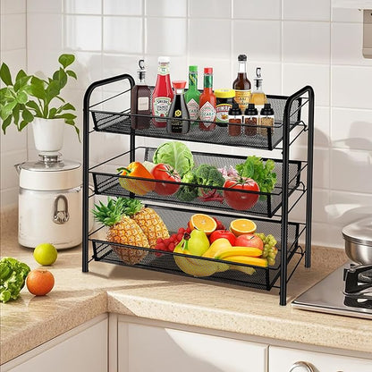 CVHOMEDECO. 3 Tier Fruit Basket Large Capacity Rectangular Metal Fruit Bowl Detachable Metal Fruit Stands Organizer for Kitchen Counter, Bread, Vegetable, Snack and Fruits. Black