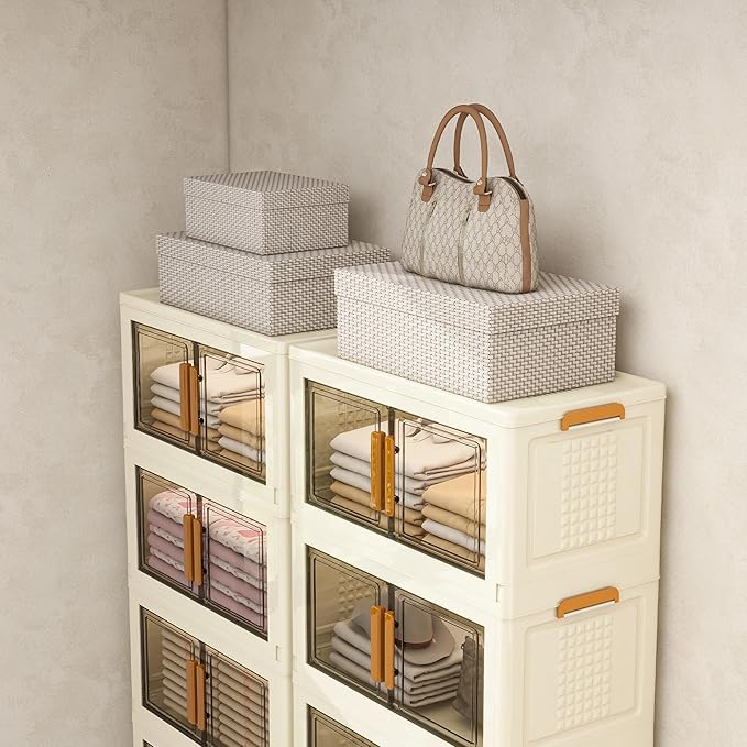 Vavkorkula Plastic Stackable Storage Bins with Lids and Wheels, 358.4QT-89.6QT*4Tier Foldable Closet Organizers and Containers, Collapsible Clear Drawer Storage Cabinet with Doors Ivory White