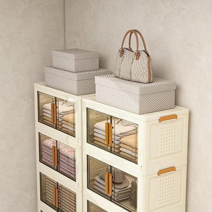 Vavkorkula Plastic Stackable Storage Bins with Lids and Wheels, 358.4QT-89.6QT*4Tier Foldable Closet Organizers and Containers, Collapsible Clear Drawer Storage Cabinet with Doors Ivory White