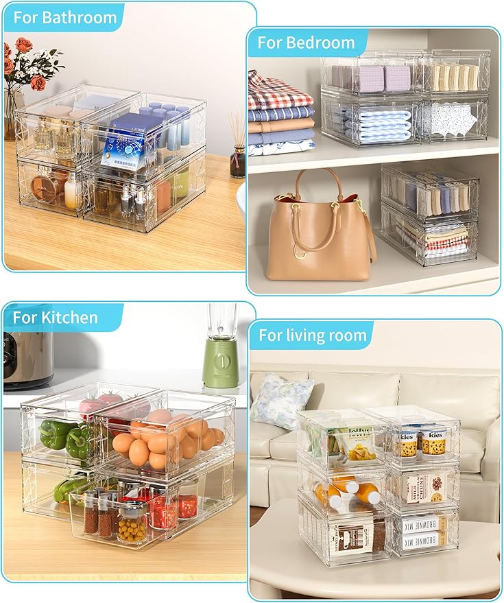 WRRLORS 6 Pack Stackable Storage Drawers,Clear Fridge Organizer with Handles and Movable Dividers,Pull-Out Acrylic Drawer Organizer for Pantry, Bathroom,Kitchen Undersink,Cabinet