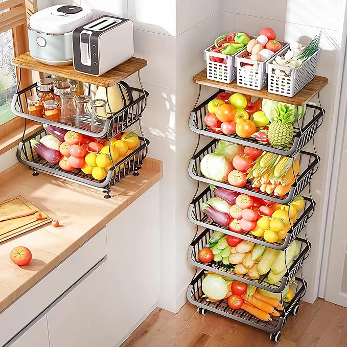 MURRI&MURRDI Fruit Vegetable Storage Basket with Wooden Lid, 6 Tier Stackable Wire Kitchen Cart with Wheels, Tall Produce Snack Racks Display, Narrow Rolling Cart for Pantry Onion Potato, Black